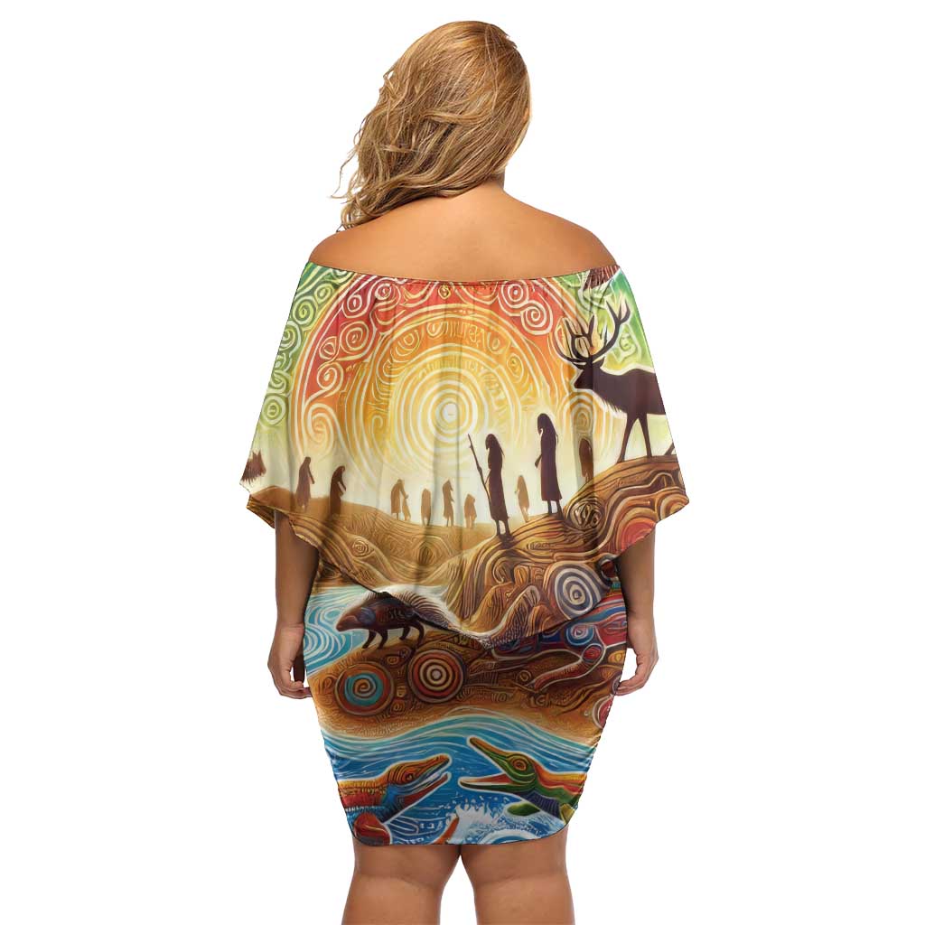 Aboriginal Dreamtime Animals Stories Family Matching Off Shoulder Short Dress and Hawaiian Shirt