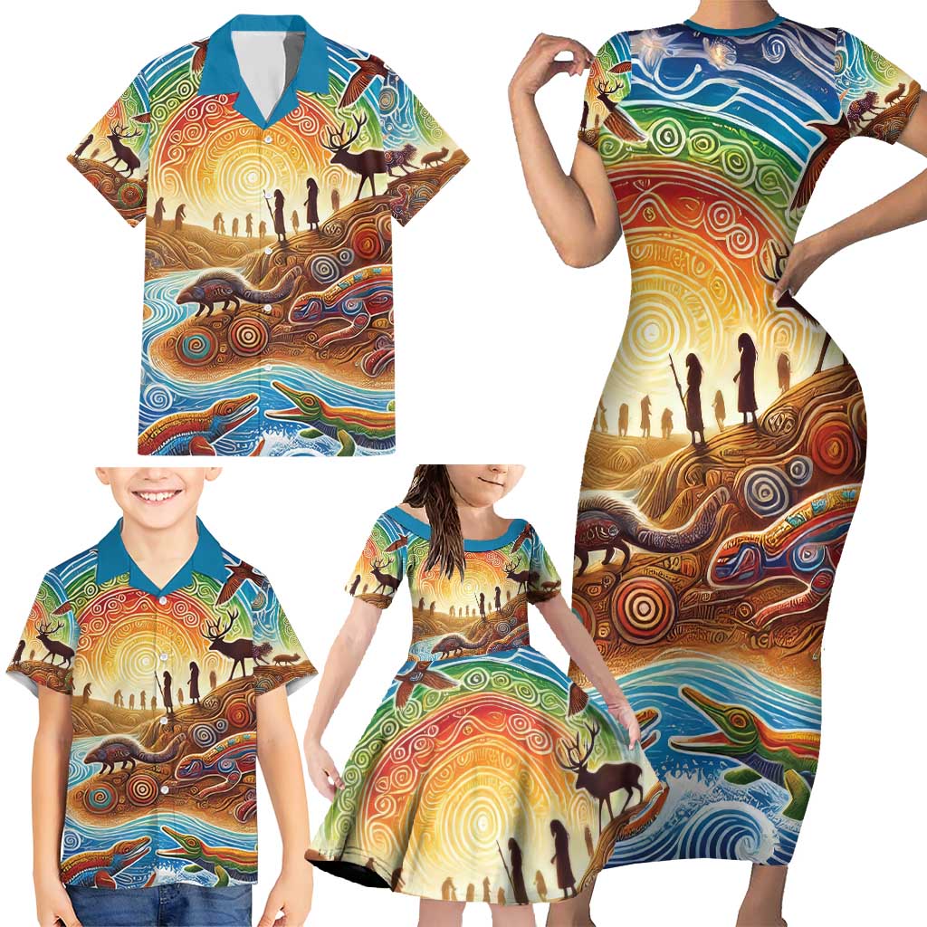 Aboriginal Dreamtime Animals Stories Family Matching Short Sleeve Bodycon Dress and Hawaiian Shirt