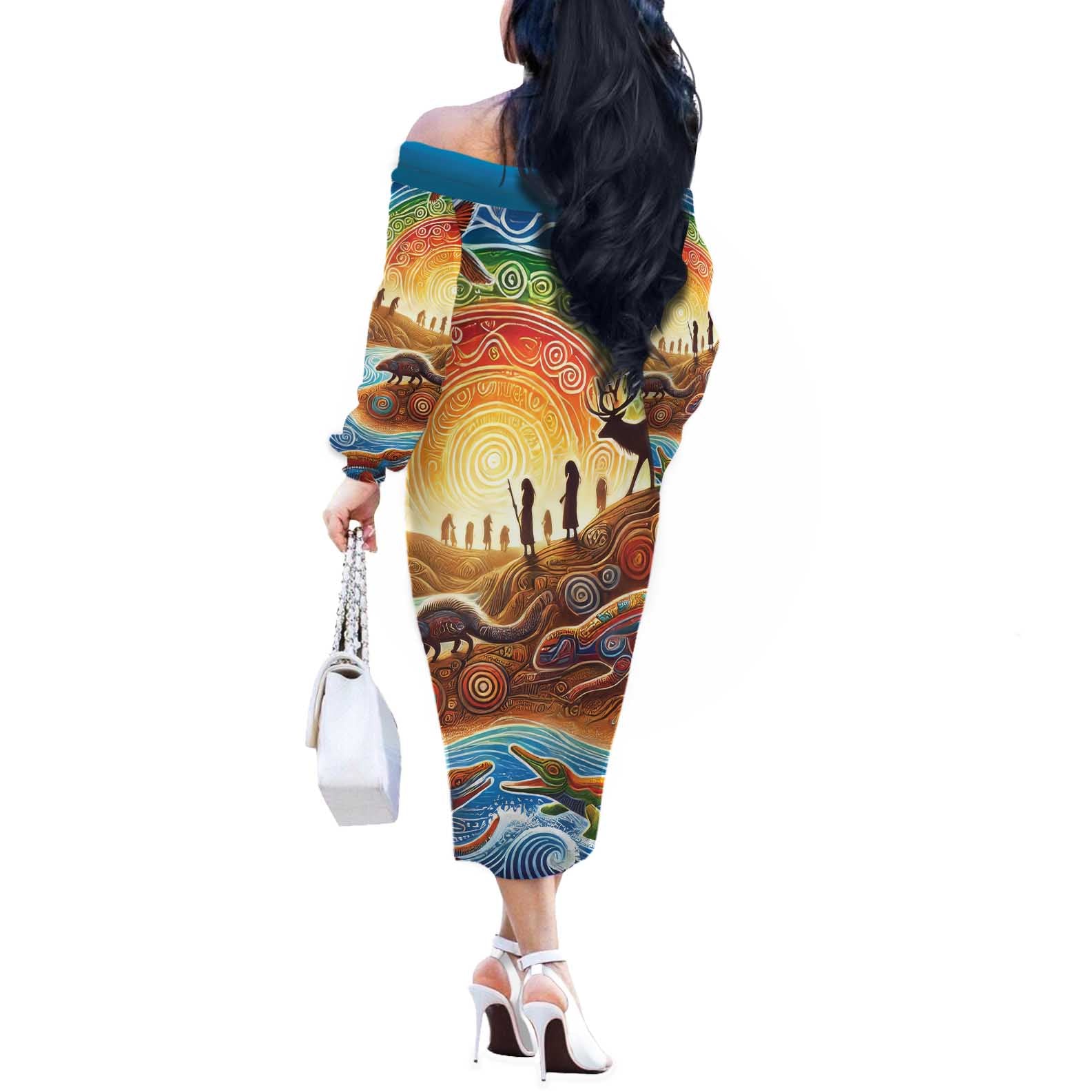 Aboriginal Dreamtime Animals Stories Off The Shoulder Long Sleeve Dress