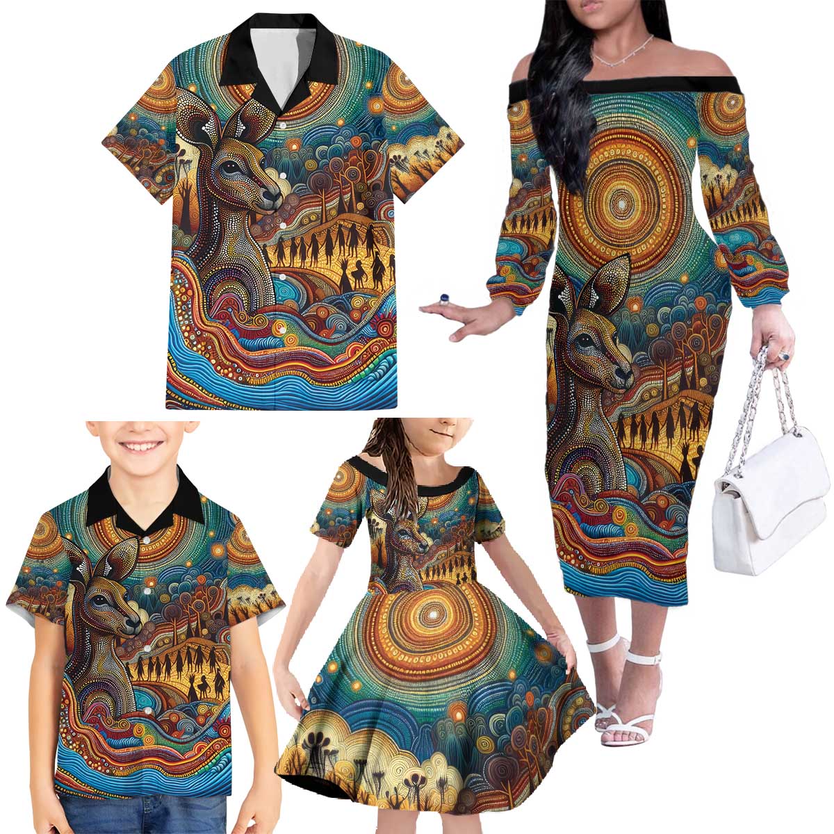 Aboriginal Dreamtime Stories Land Family Matching Off The Shoulder Long Sleeve Dress and Hawaiian Shirt