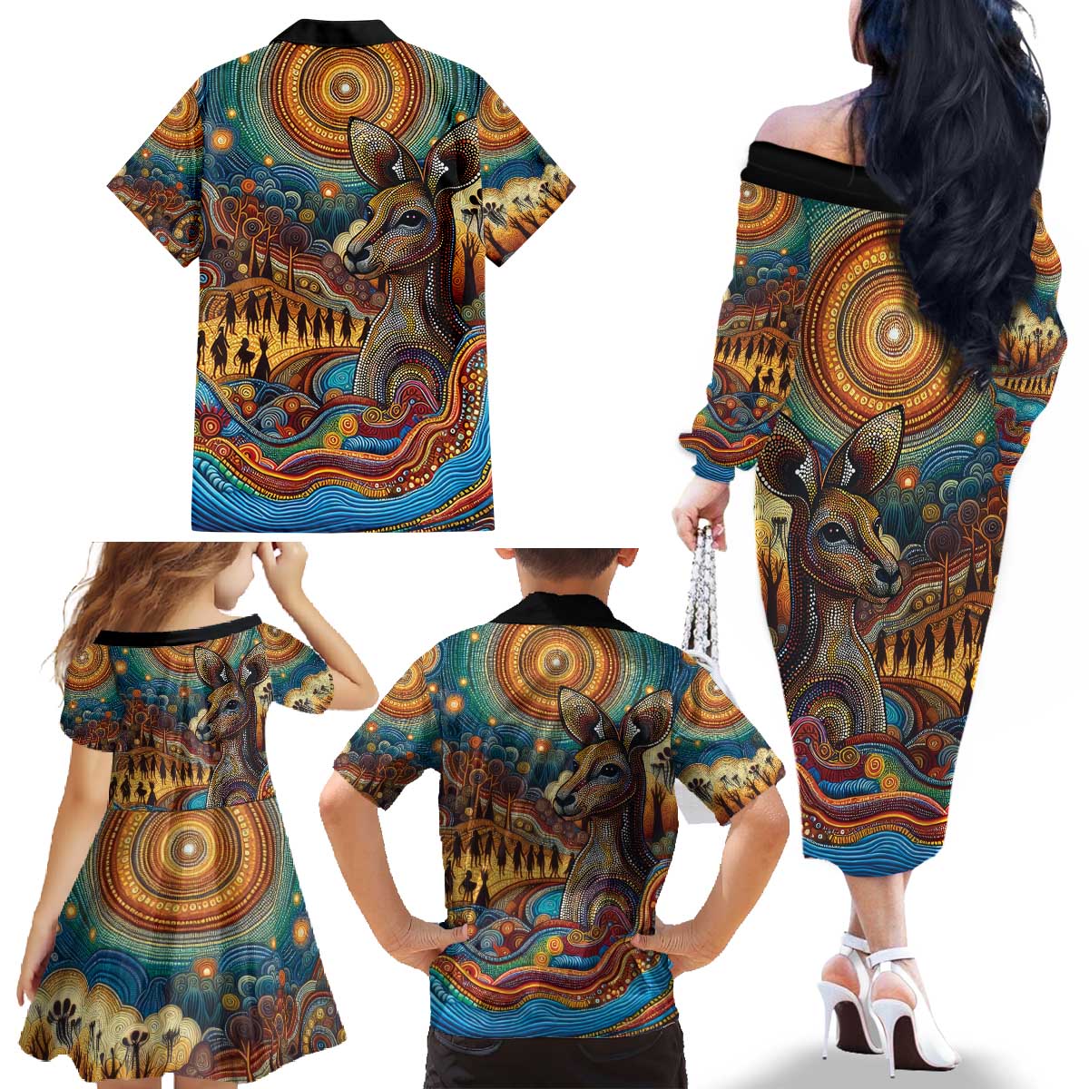 Aboriginal Dreamtime Stories Land Family Matching Off The Shoulder Long Sleeve Dress and Hawaiian Shirt