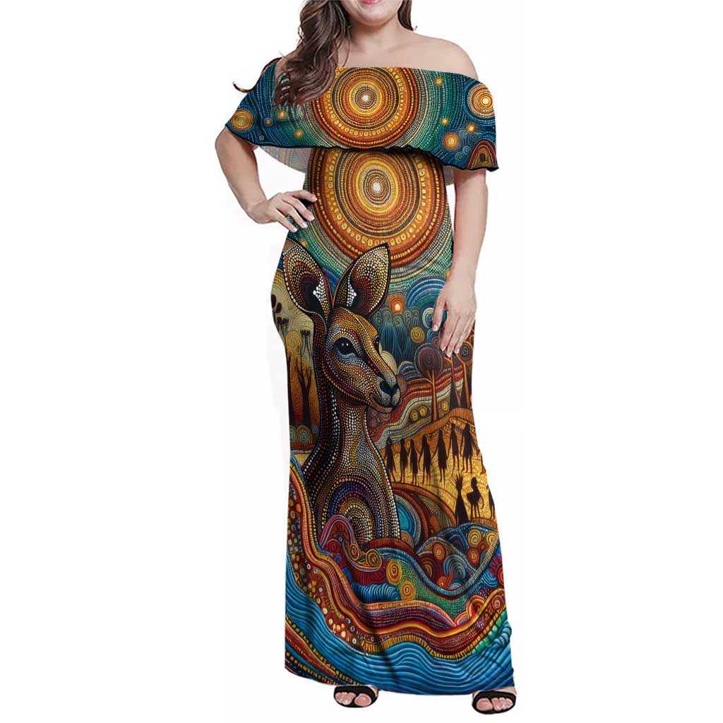 Aboriginal Dreamtime Stories Land Family Matching Off Shoulder Maxi Dress and Hawaiian Shirt