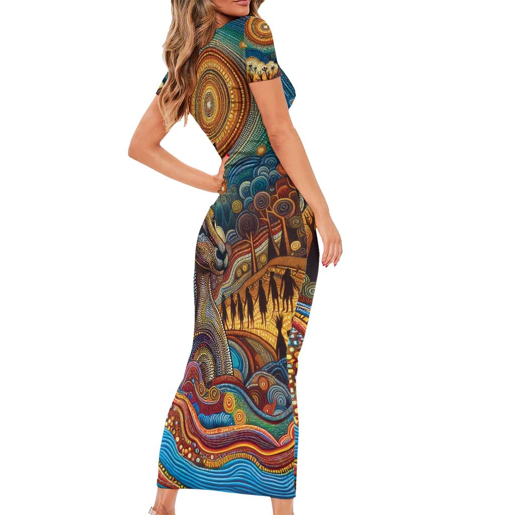 Aboriginal Dreamtime Stories Land Family Matching Short Sleeve Bodycon Dress and Hawaiian Shirt