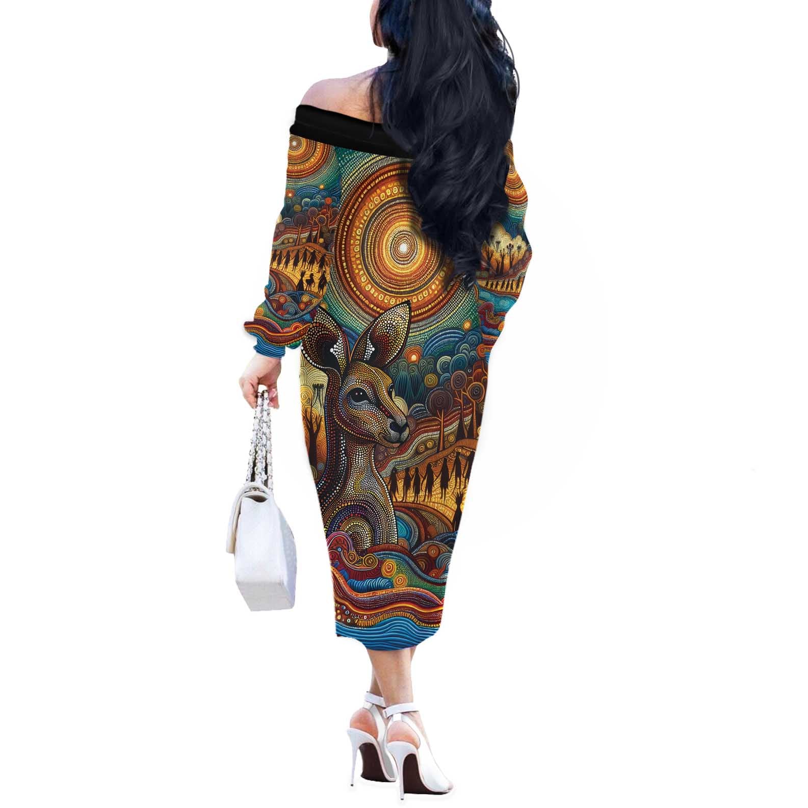 Aboriginal Dreamtime Stories Land Off The Shoulder Long Sleeve Dress