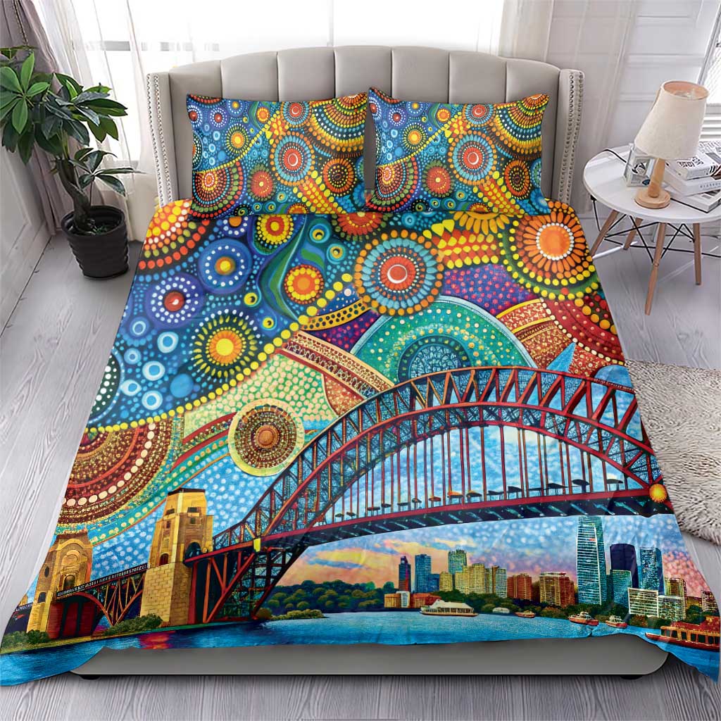 Australian Sydney Harbour Bridge Bedding Set Aboriginal Dot Art - Vibe Hoodie Shop