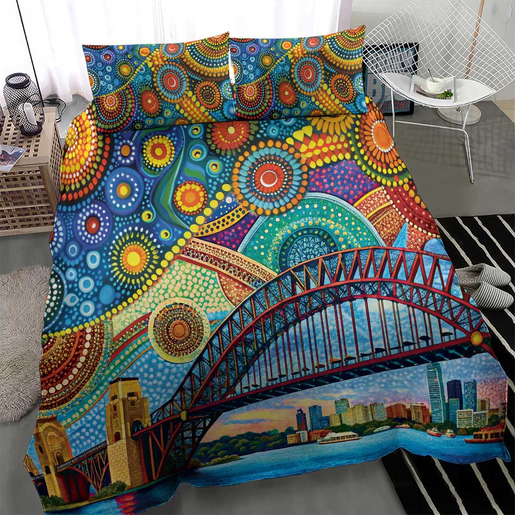 Australian Sydney Harbour Bridge Bedding Set Aboriginal Dot Art - Vibe Hoodie Shop