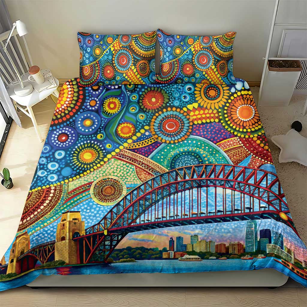 Australian Sydney Harbour Bridge Bedding Set Aboriginal Dot Art - Vibe Hoodie Shop