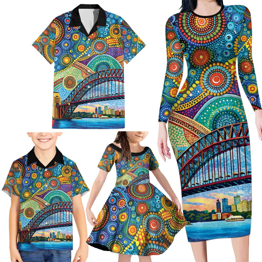 Australian Sydney Harbour Bridge Family Matching Long Sleeve Bodycon Dress and Hawaiian Shirt Aboriginal Dot Art