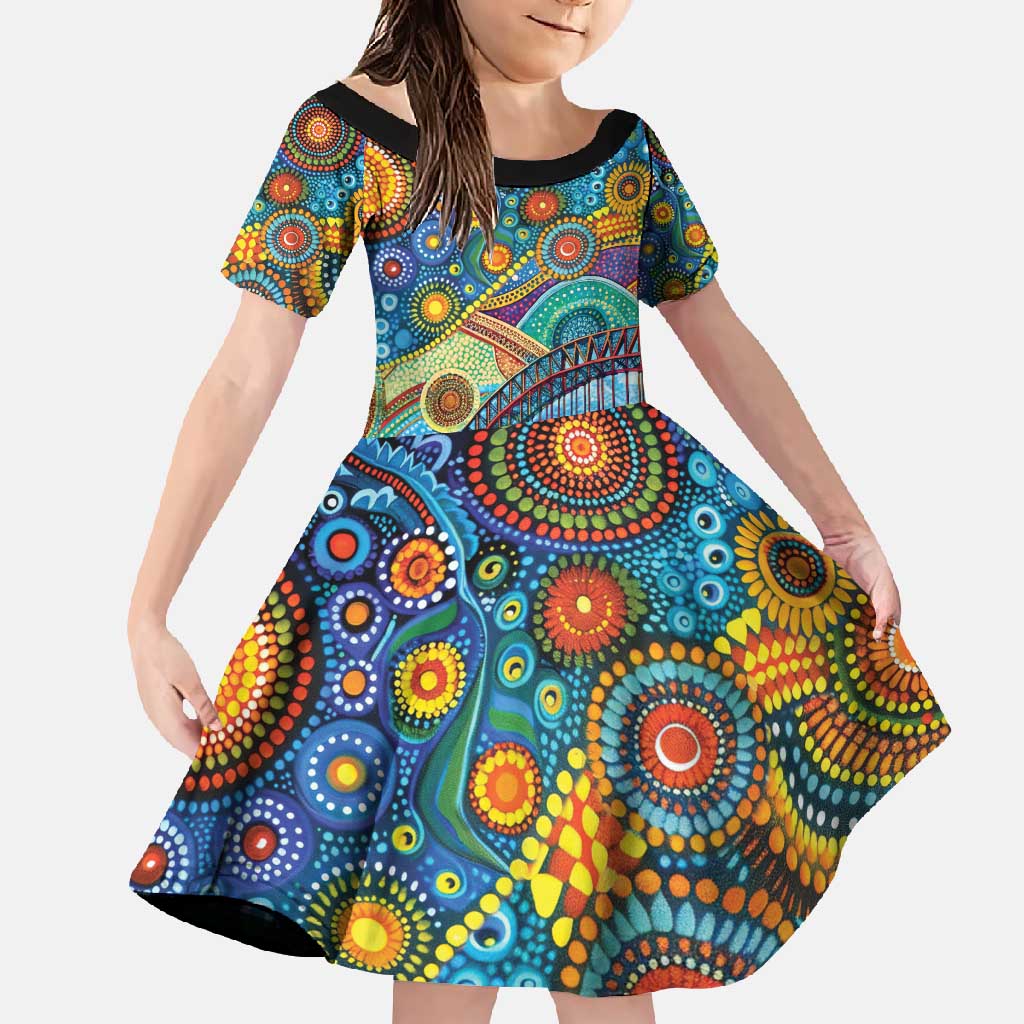 Australian Sydney Harbour Bridge Family Matching Long Sleeve Bodycon Dress and Hawaiian Shirt Aboriginal Dot Art