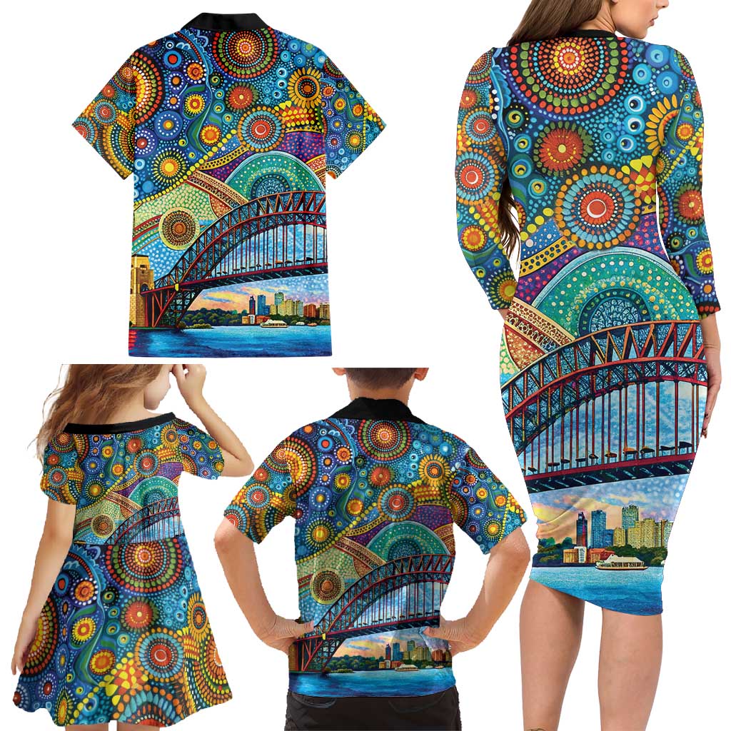 Australian Sydney Harbour Bridge Family Matching Long Sleeve Bodycon Dress and Hawaiian Shirt Aboriginal Dot Art