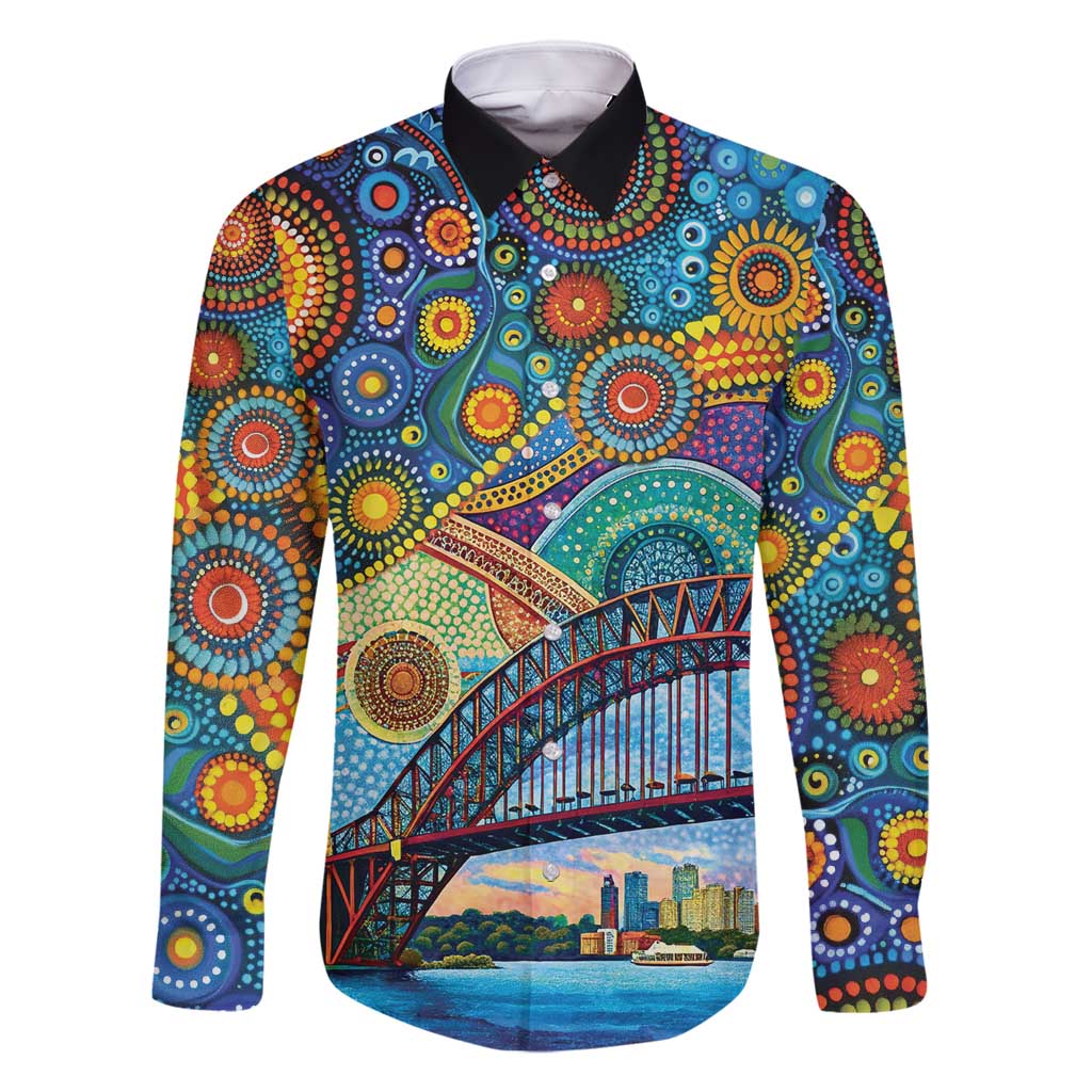 Australian Sydney Harbour Bridge Family Matching Long Sleeve Bodycon Dress and Hawaiian Shirt Aboriginal Dot Art