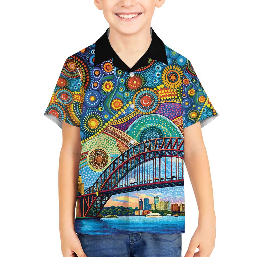 Australian Sydney Harbour Bridge Family Matching Long Sleeve Bodycon Dress and Hawaiian Shirt Aboriginal Dot Art