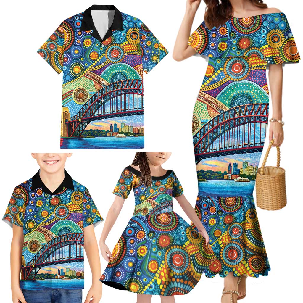 Australian Sydney Harbour Bridge Family Matching Mermaid Dress and Hawaiian Shirt Aboriginal Dot Art