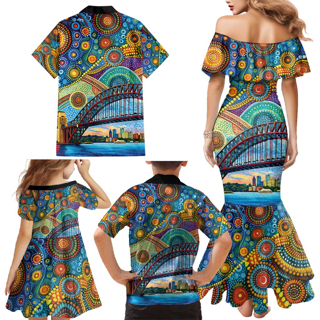 Australian Sydney Harbour Bridge Family Matching Mermaid Dress and Hawaiian Shirt Aboriginal Dot Art