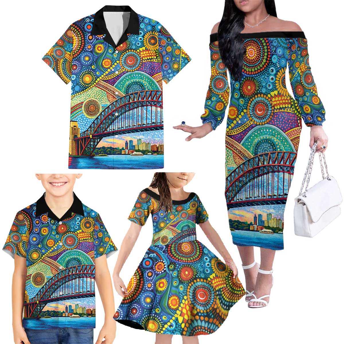 Australian Sydney Harbour Bridge Family Matching Off The Shoulder Long Sleeve Dress and Hawaiian Shirt Aboriginal Dot Art