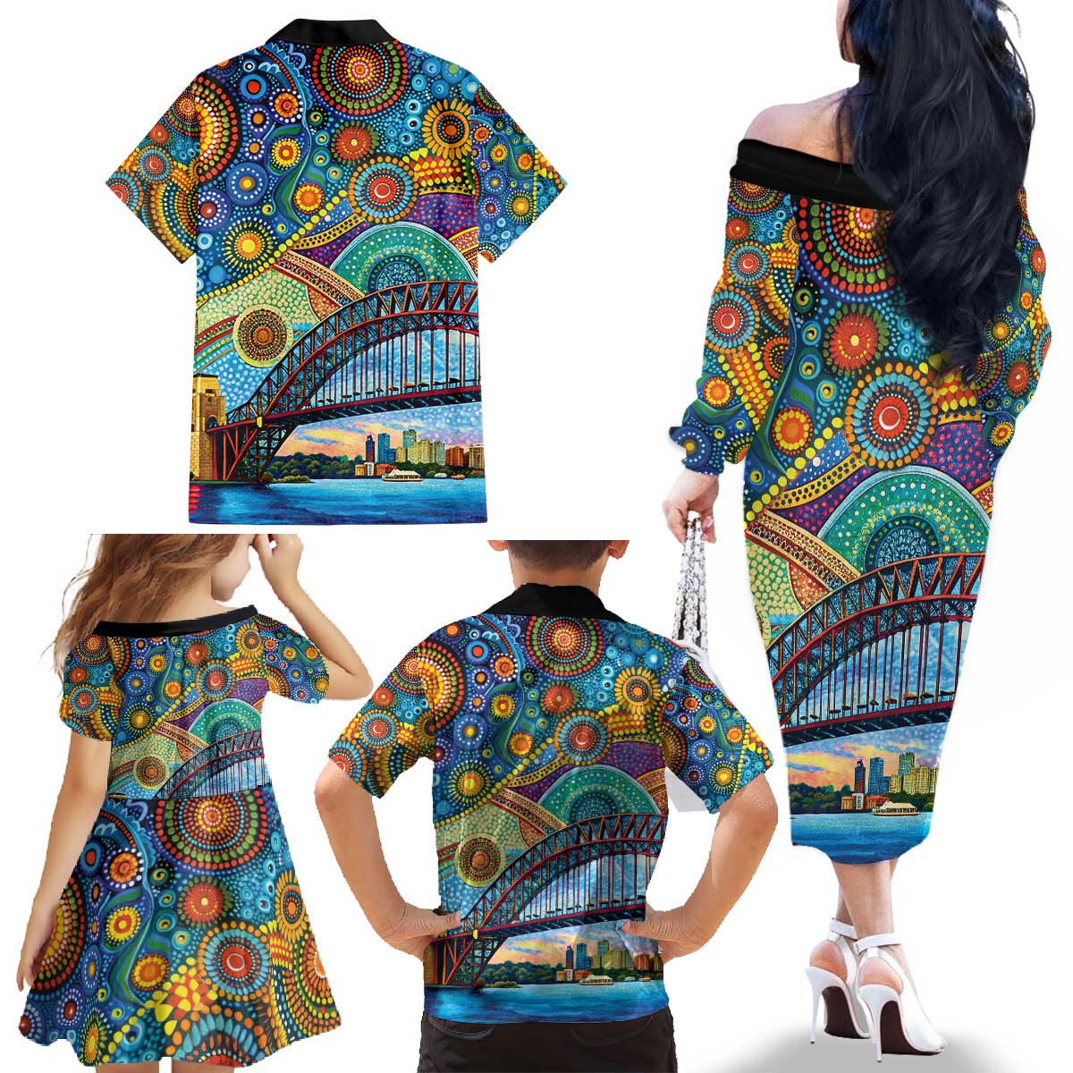 Australian Sydney Harbour Bridge Family Matching Off The Shoulder Long Sleeve Dress and Hawaiian Shirt Aboriginal Dot Art