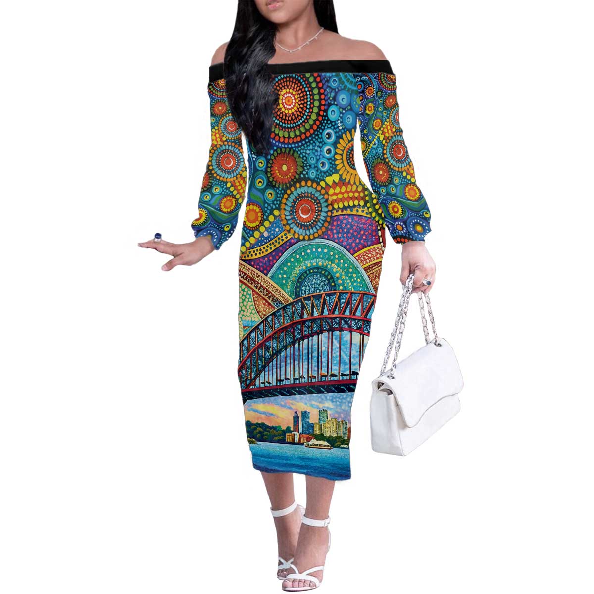 Australian Sydney Harbour Bridge Family Matching Off The Shoulder Long Sleeve Dress and Hawaiian Shirt Aboriginal Dot Art