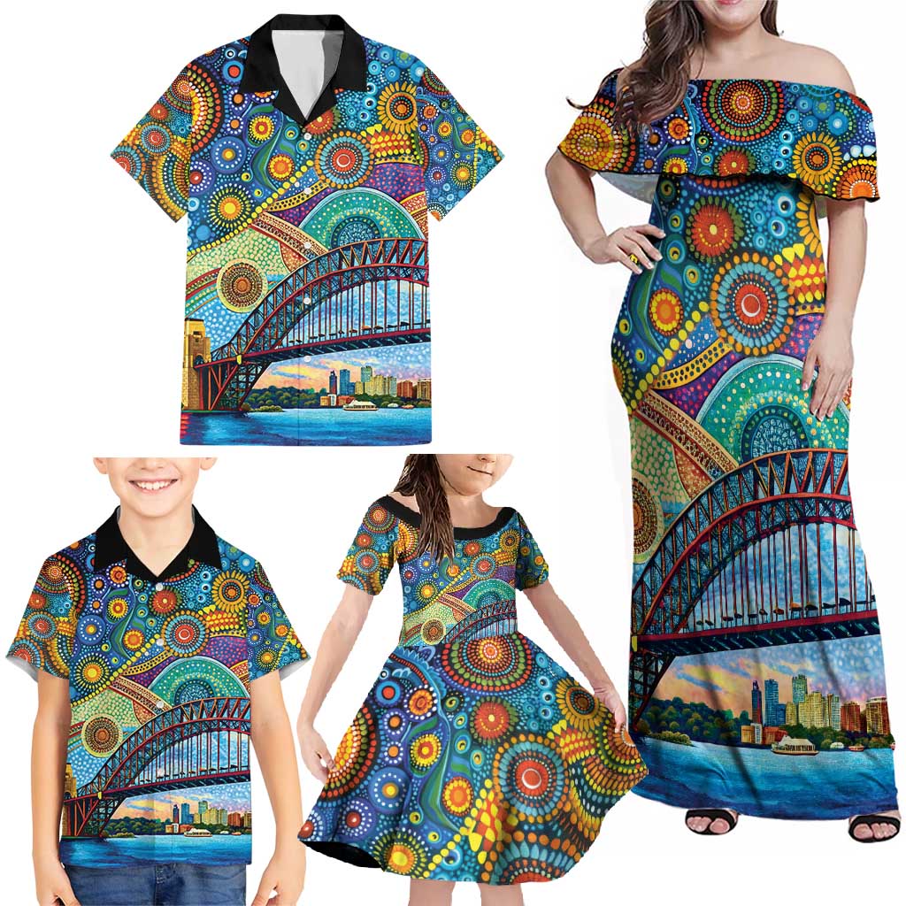 Australian Sydney Harbour Bridge Family Matching Off Shoulder Maxi Dress and Hawaiian Shirt Aboriginal Dot Art