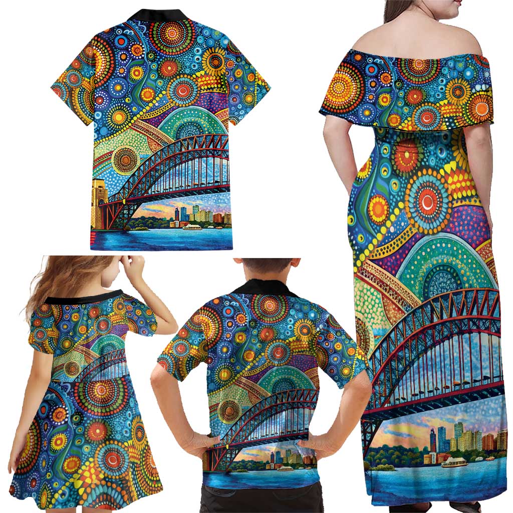 Australian Sydney Harbour Bridge Family Matching Off Shoulder Maxi Dress and Hawaiian Shirt Aboriginal Dot Art