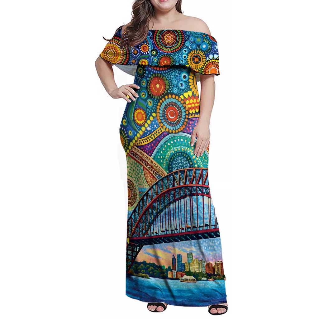 Australian Sydney Harbour Bridge Family Matching Off Shoulder Maxi Dress and Hawaiian Shirt Aboriginal Dot Art