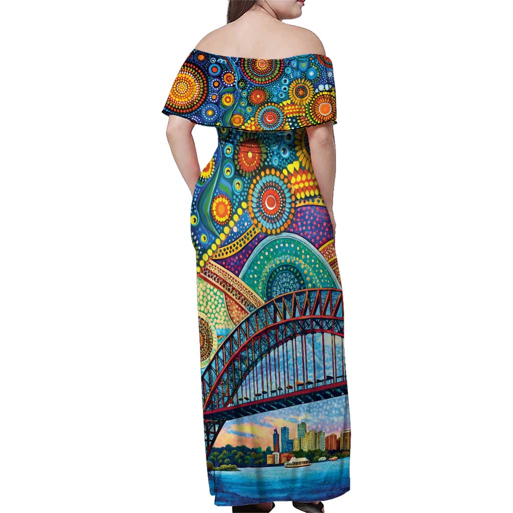 Australian Sydney Harbour Bridge Family Matching Off Shoulder Maxi Dress and Hawaiian Shirt Aboriginal Dot Art