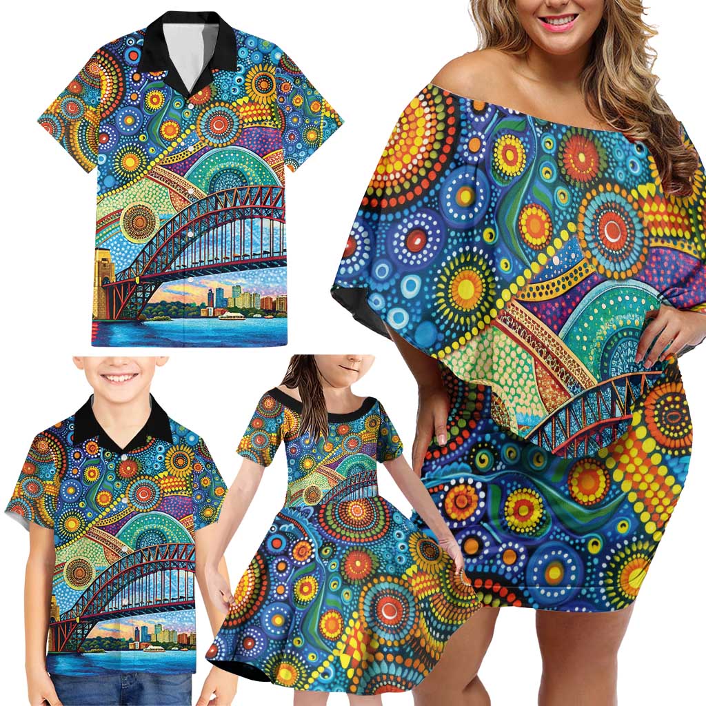 Australian Sydney Harbour Bridge Family Matching Off Shoulder Short Dress and Hawaiian Shirt Aboriginal Dot Art