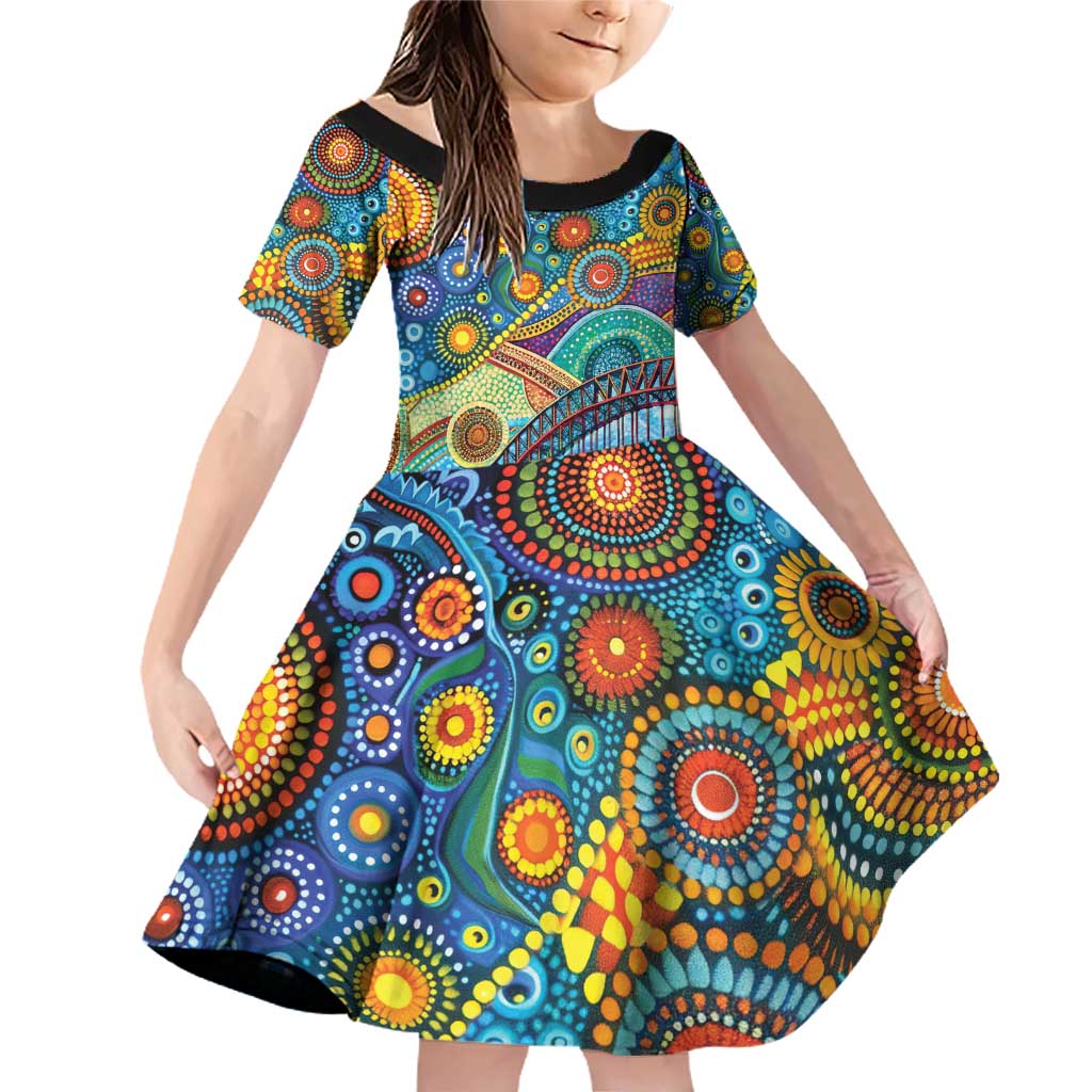 Australian Sydney Harbour Bridge Family Matching Off Shoulder Short Dress and Hawaiian Shirt Aboriginal Dot Art