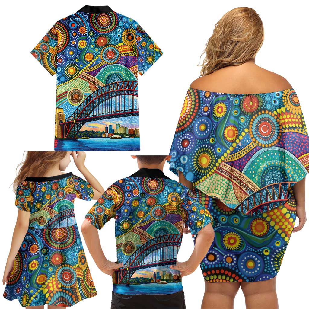 Australian Sydney Harbour Bridge Family Matching Off Shoulder Short Dress and Hawaiian Shirt Aboriginal Dot Art