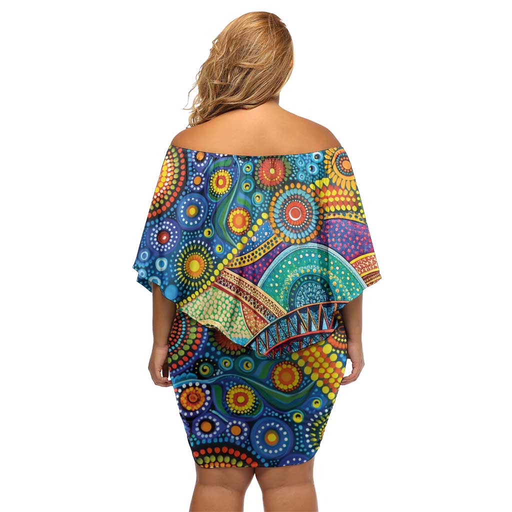 Australian Sydney Harbour Bridge Family Matching Off Shoulder Short Dress and Hawaiian Shirt Aboriginal Dot Art