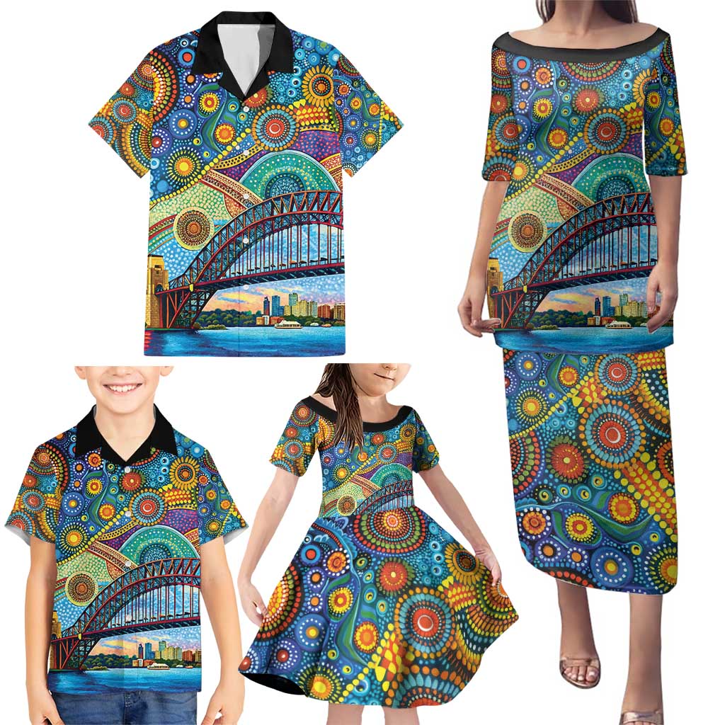 Australian Sydney Harbour Bridge Family Matching Puletasi and Hawaiian Shirt Aboriginal Dot Art