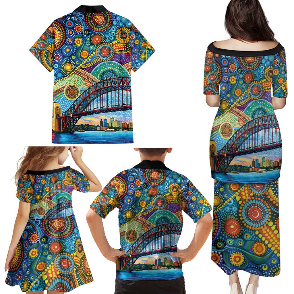 Australian Sydney Harbour Bridge Family Matching Puletasi and Hawaiian Shirt Aboriginal Dot Art