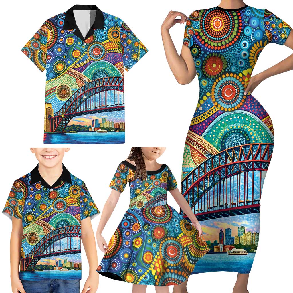 Australian Sydney Harbour Bridge Family Matching Short Sleeve Bodycon Dress and Hawaiian Shirt Aboriginal Dot Art