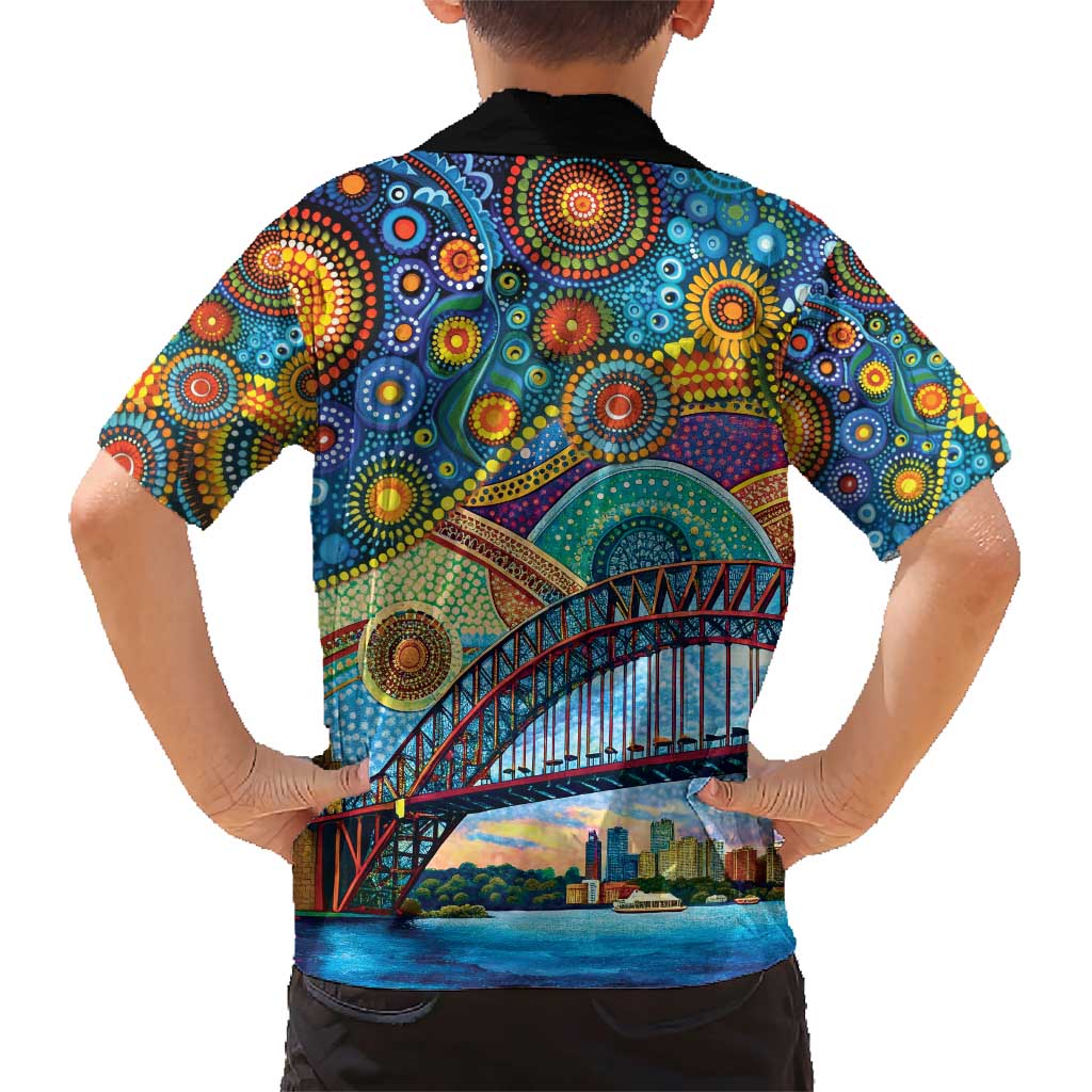 Australian Sydney Harbour Bridge Family Matching Short Sleeve Bodycon Dress and Hawaiian Shirt Aboriginal Dot Art