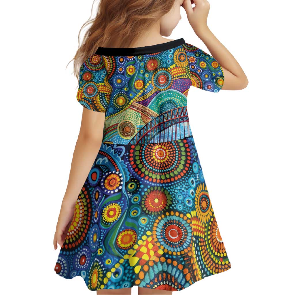 Australian Sydney Harbour Bridge Family Matching Short Sleeve Bodycon Dress and Hawaiian Shirt Aboriginal Dot Art