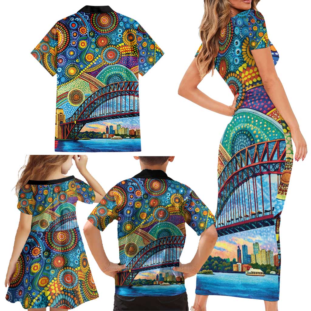 Australian Sydney Harbour Bridge Family Matching Short Sleeve Bodycon Dress and Hawaiian Shirt Aboriginal Dot Art
