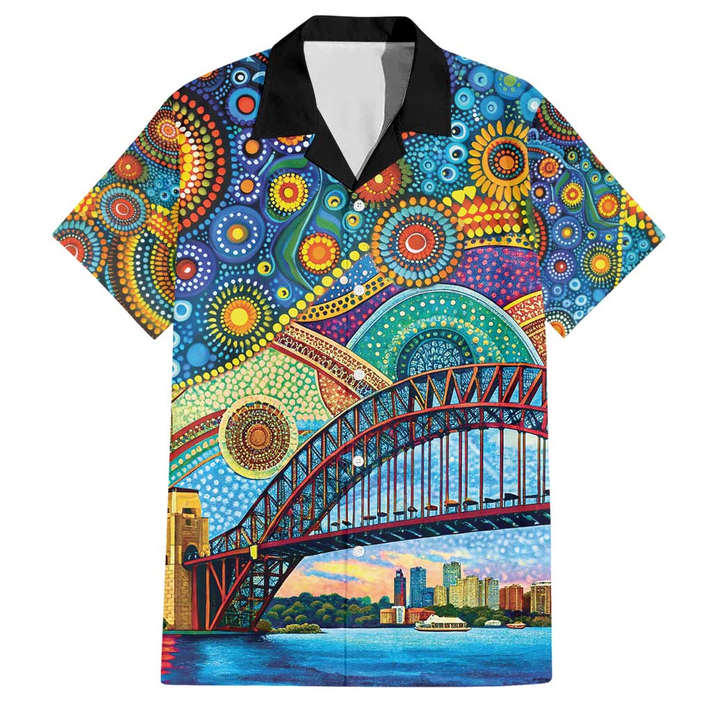 Australian Sydney Harbour Bridge Family Matching Short Sleeve Bodycon Dress and Hawaiian Shirt Aboriginal Dot Art