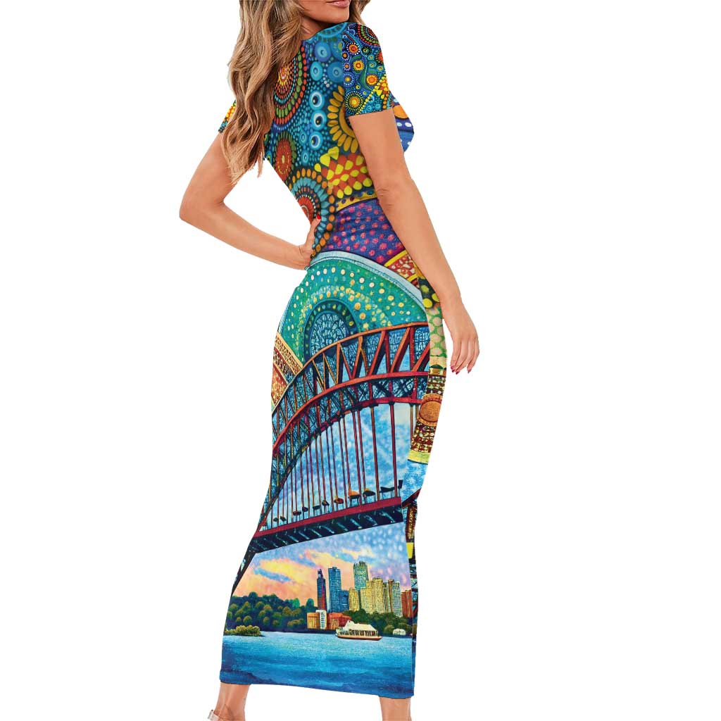 Australian Sydney Harbour Bridge Family Matching Short Sleeve Bodycon Dress and Hawaiian Shirt Aboriginal Dot Art