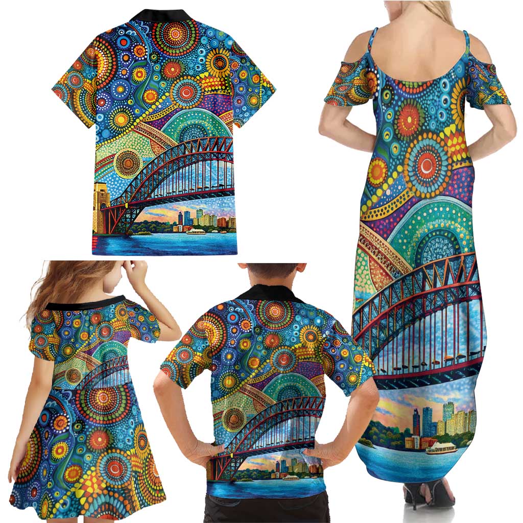 Australian Sydney Harbour Bridge Family Matching Summer Maxi Dress and Hawaiian Shirt Aboriginal Dot Art