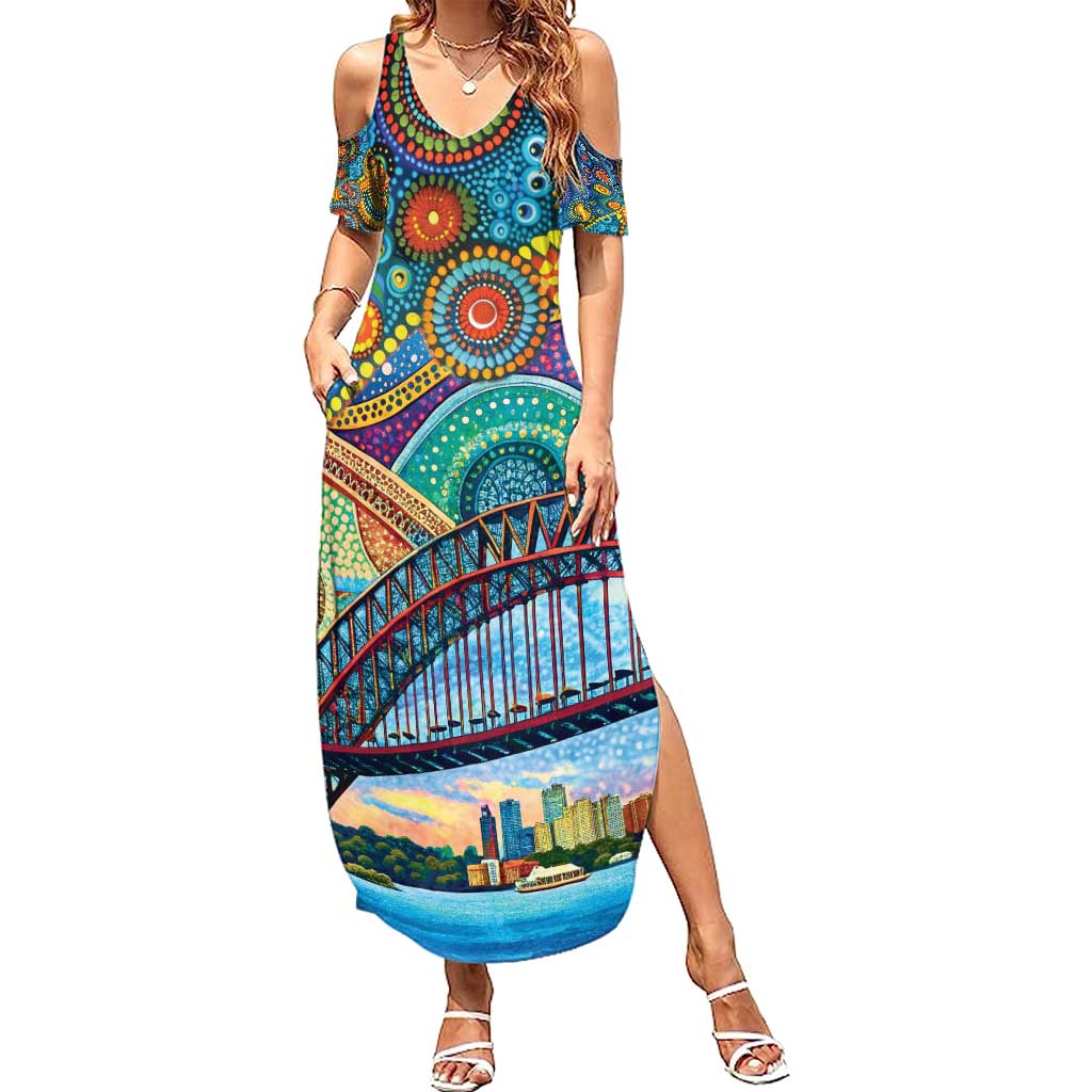 Australian Sydney Harbour Bridge Family Matching Summer Maxi Dress and Hawaiian Shirt Aboriginal Dot Art