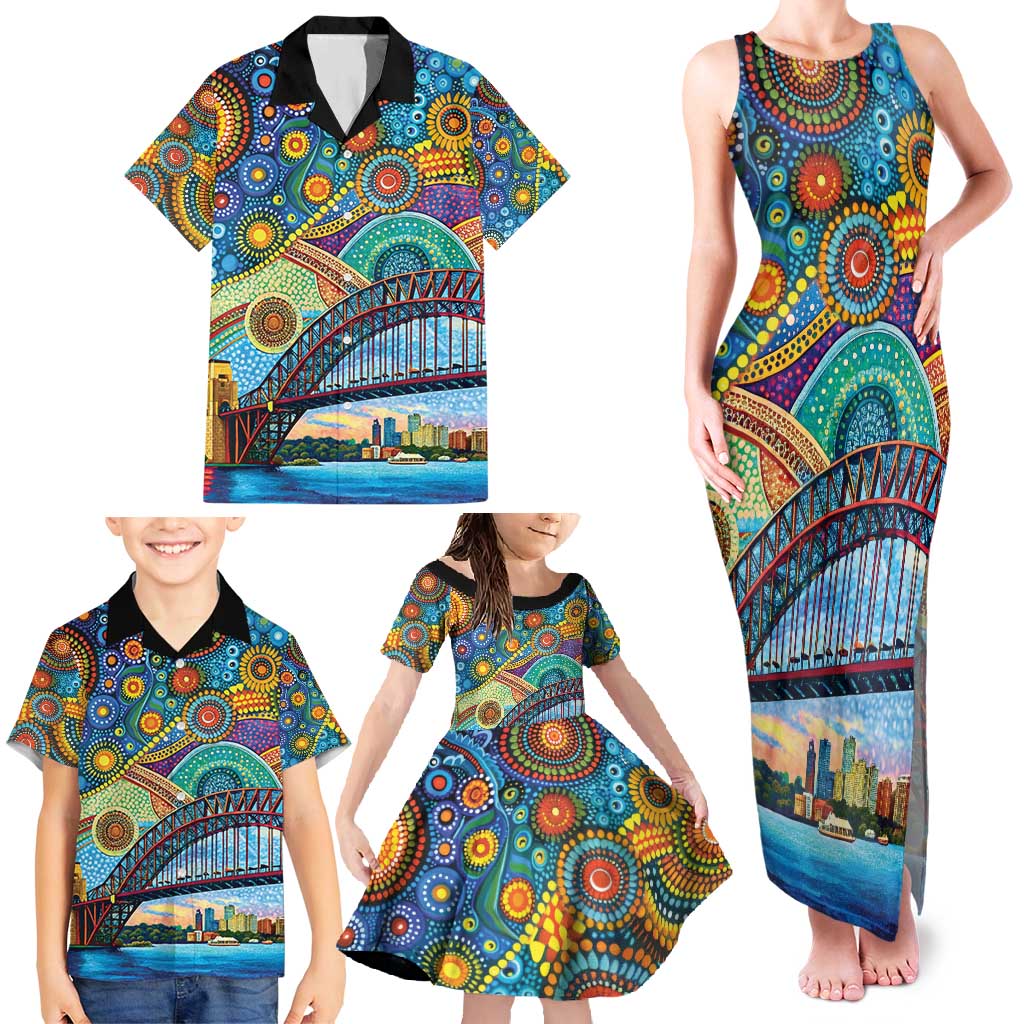 Australian Sydney Harbour Bridge Family Matching Tank Maxi Dress and Hawaiian Shirt Aboriginal Dot Art