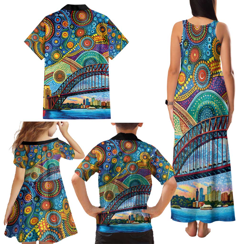 Australian Sydney Harbour Bridge Family Matching Tank Maxi Dress and Hawaiian Shirt Aboriginal Dot Art