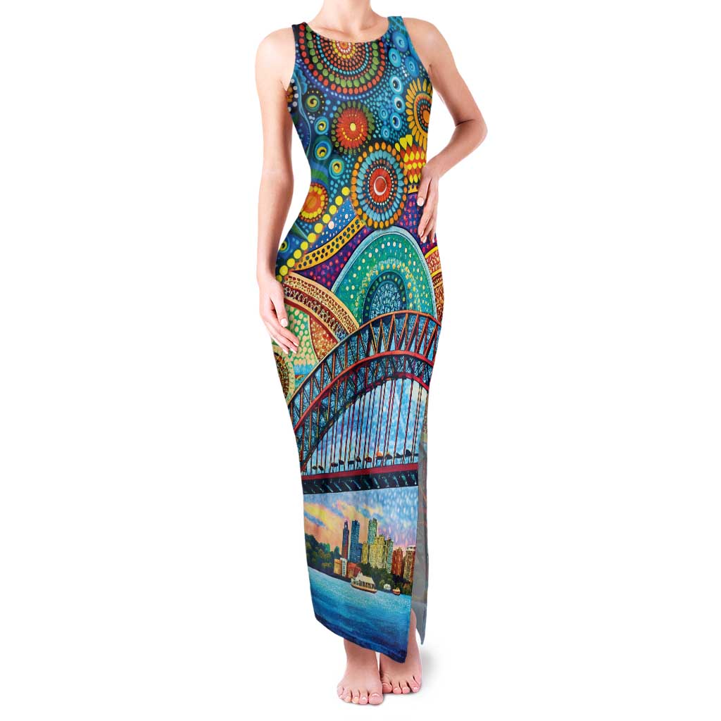 Australian Sydney Harbour Bridge Family Matching Tank Maxi Dress and Hawaiian Shirt Aboriginal Dot Art