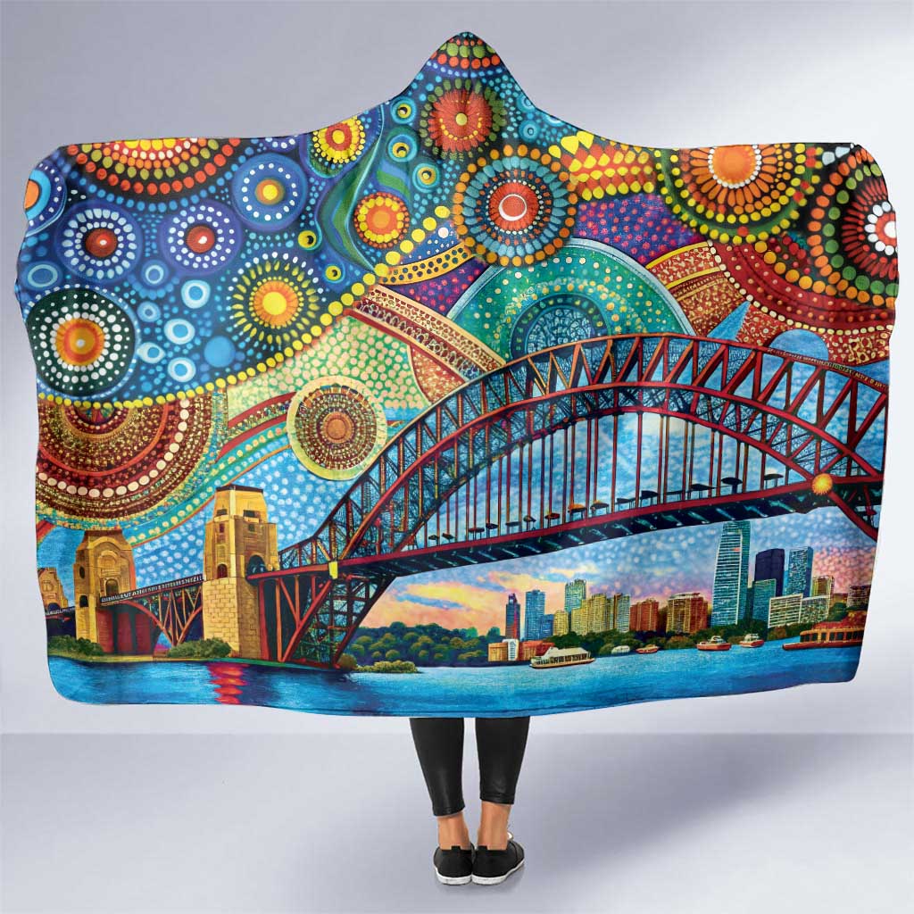 Australian Sydney Harbour Bridge Hooded Blanket Aboriginal Dot Art