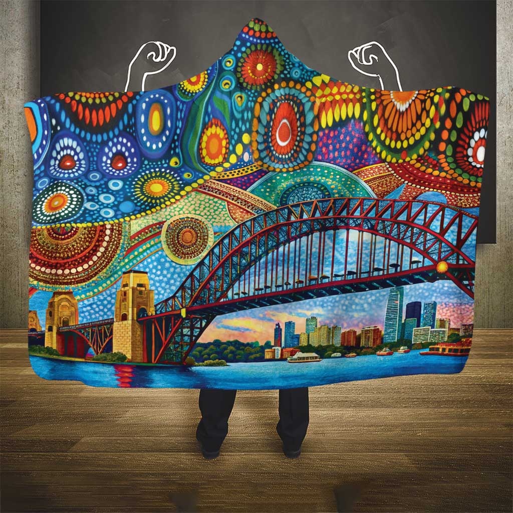 Australian Sydney Harbour Bridge Hooded Blanket Aboriginal Dot Art