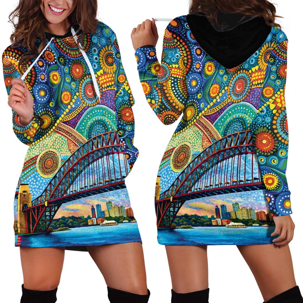 Australian Sydney Harbour Bridge Hoodie Dress Aboriginal Dot Art - Vibe Hoodie Shop