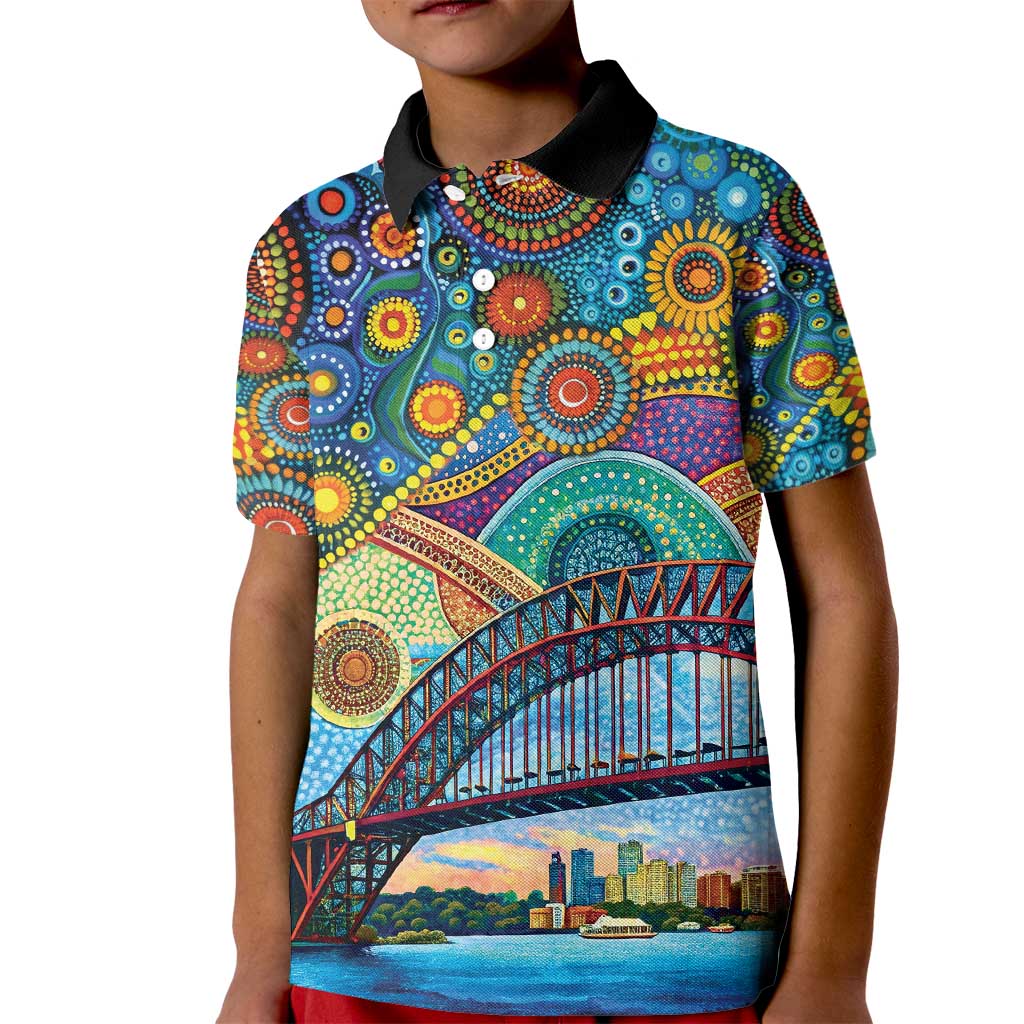 Australian Sydney Harbour Bridge Kid Polo Shirt Aboriginal Dot Art - Vibe Hoodie Shop