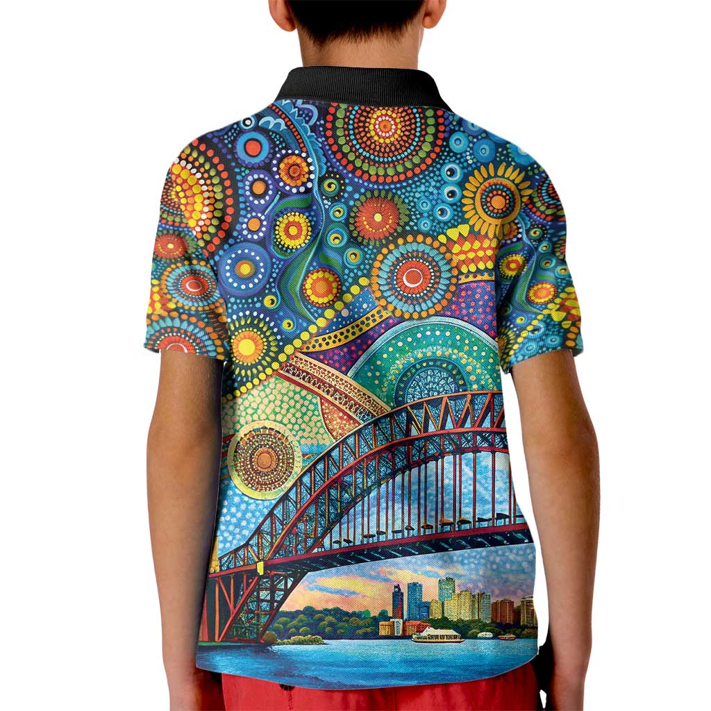 Australian Sydney Harbour Bridge Kid Polo Shirt Aboriginal Dot Art - Vibe Hoodie Shop