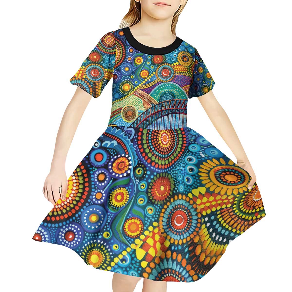 Australian Sydney Harbour Bridge Kid Short Sleeve Dress Aboriginal Dot Art - Vibe Hoodie Shop