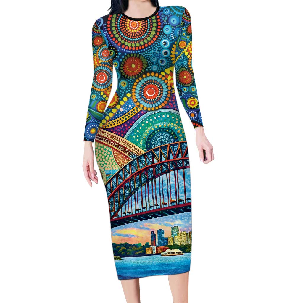 Australian Sydney Harbour Bridge Long Sleeve Bodycon Dress Aboriginal Dot Art