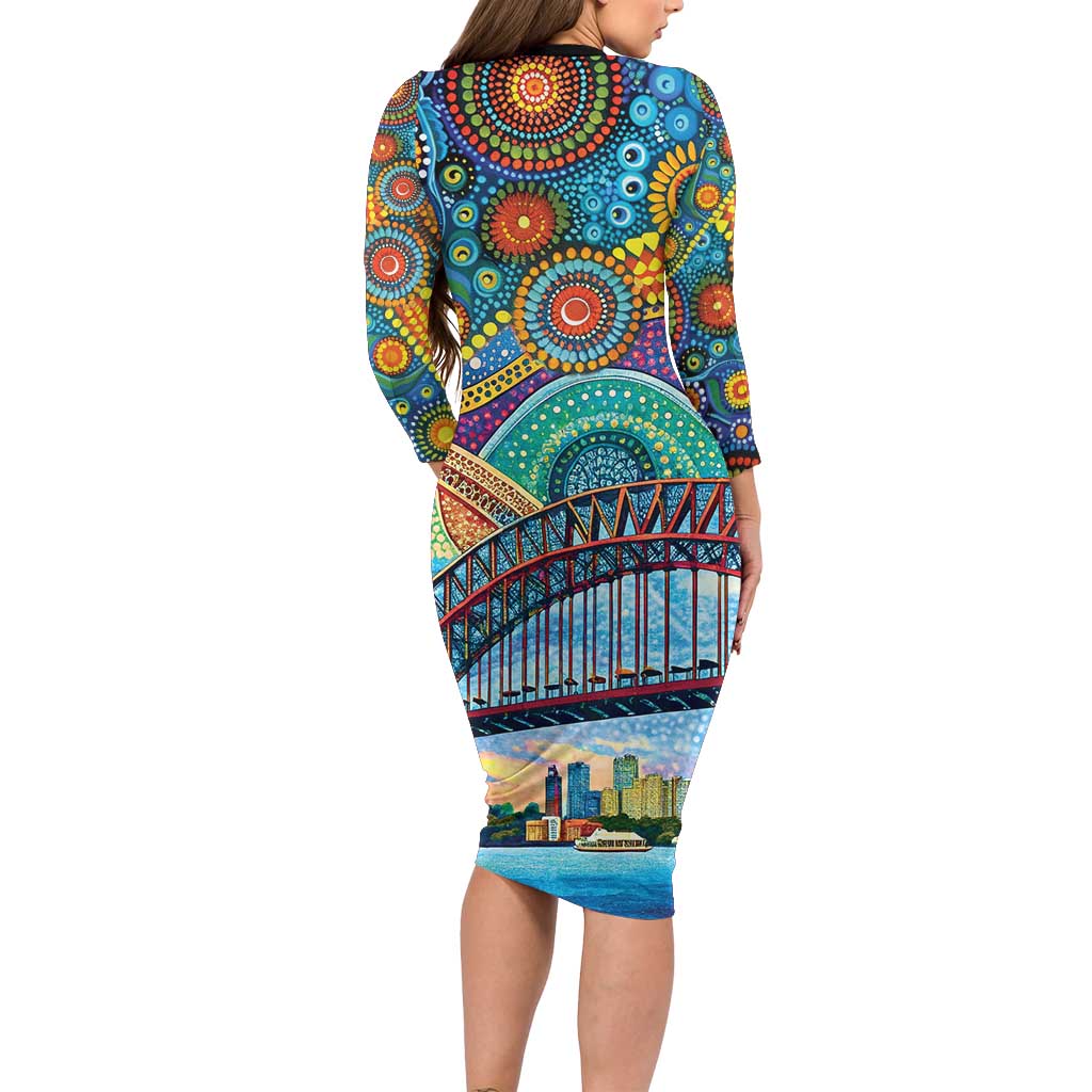 Australian Sydney Harbour Bridge Long Sleeve Bodycon Dress Aboriginal Dot Art